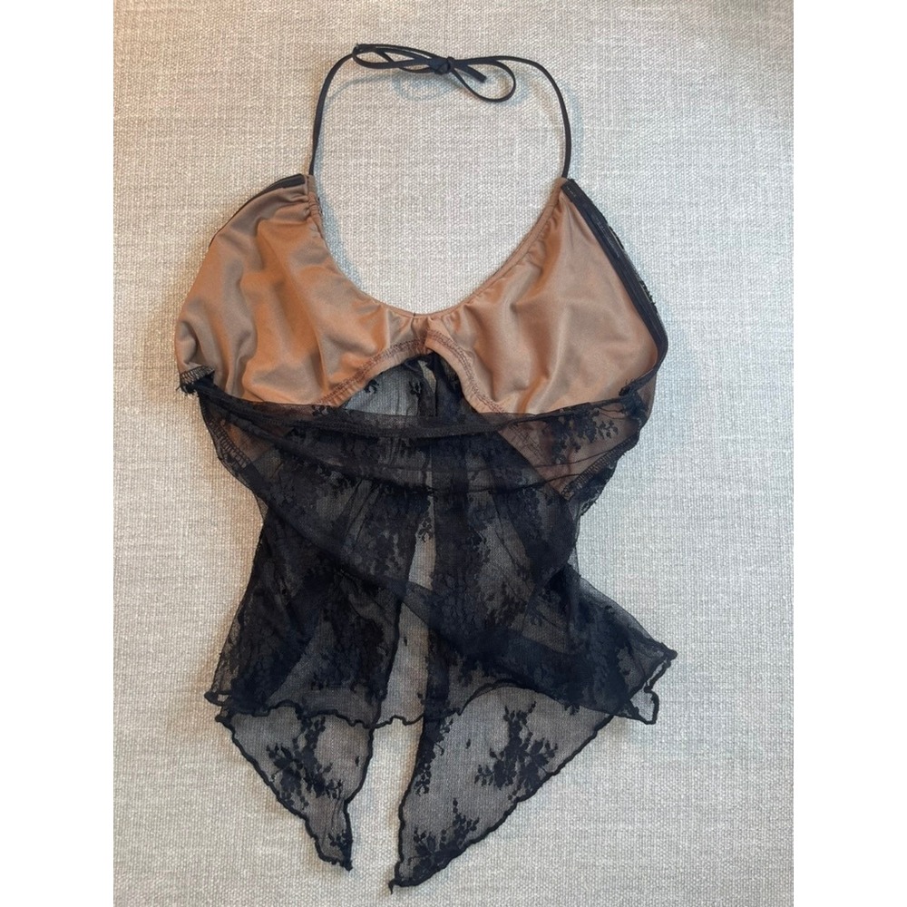 Black Floral Lace Sheer Halter Top Handkerchief Hem Nude Lining Tie Neck - Picture 4 of 5